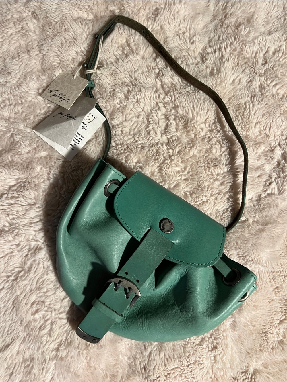 NWT Free People dark mint Green Leather Drawstring Crossbody Bag